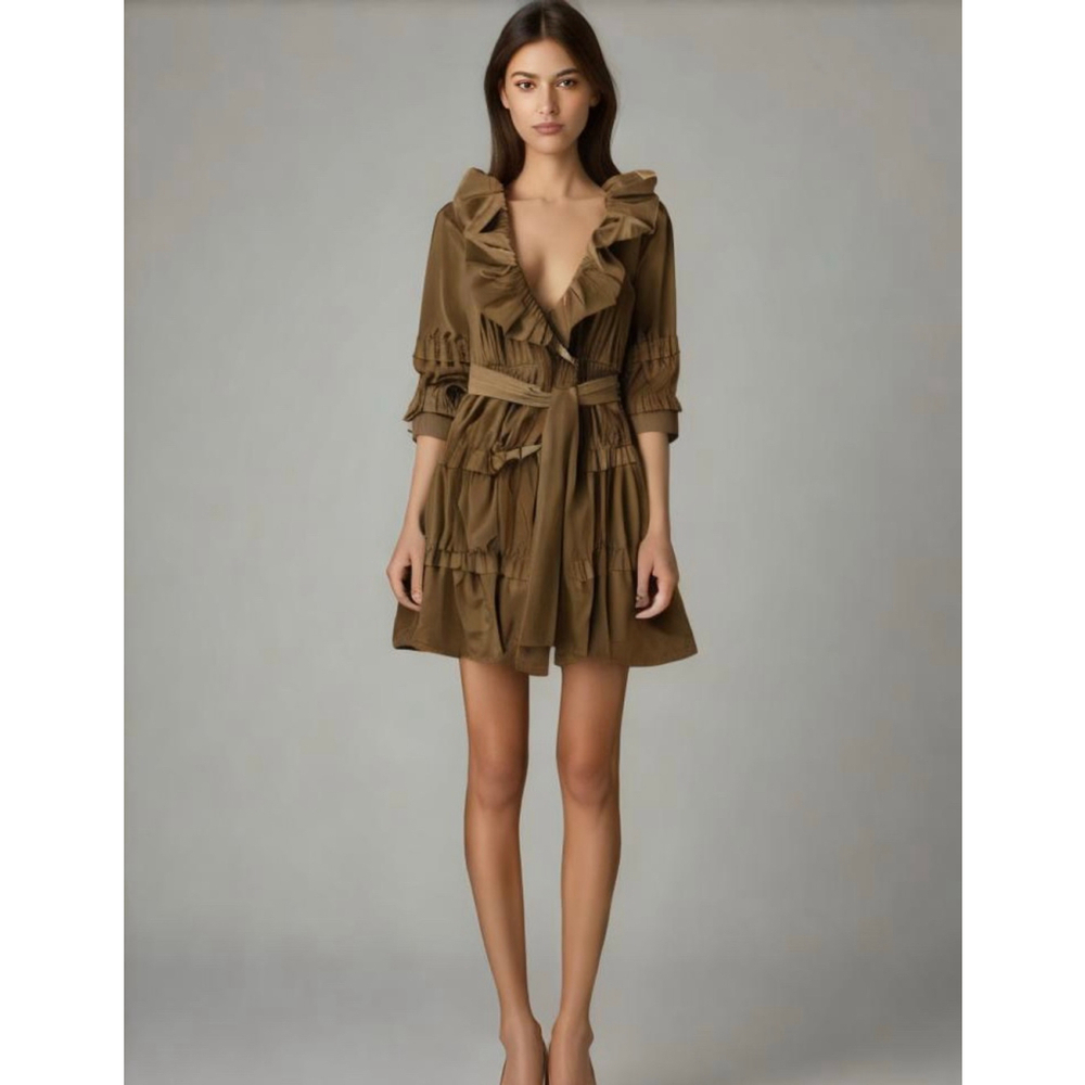 Ryu Women's Ruffled Mini Tiered Dress Size Small Brown 3/4 Sleeves Belted V-Neck